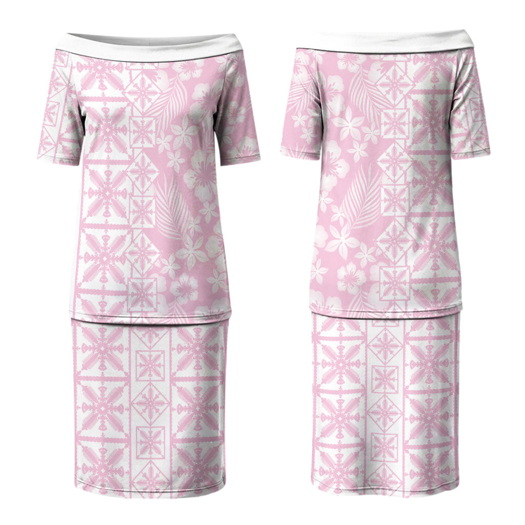 Pastel Pink Kahili Quilt Hawaii Couples Matching Puletasi and Long Sleeve Button Shirt Tropical Flower Seamless Half Style LT14 - Polynesian Pride