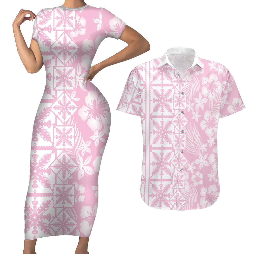 Pastel Pink Kahili Quilt Hawaii Couples Matching Short Sleeve Bodycon Dress and Hawaiian Shirt Tropical Flower Seamless Half Style
