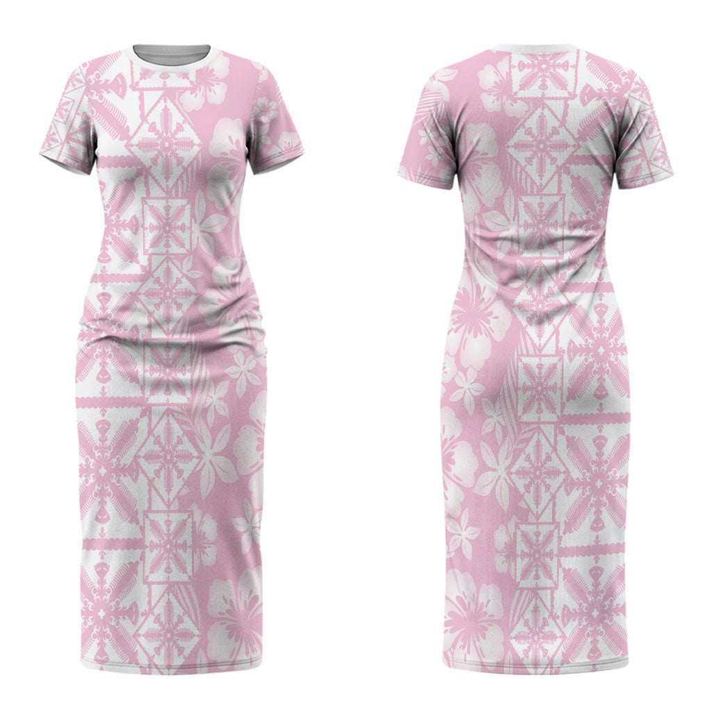 Pastel Pink Kahili Quilt Hawaii Couples Matching Short Sleeve Bodycon Dress and Hawaiian Shirt Tropical Flower Seamless Half Style LT14 - Polynesian Pride