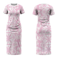 Pastel Pink Kahili Quilt Hawaii Couples Matching Short Sleeve Bodycon Dress and Hawaiian Shirt Tropical Flower Seamless Half Style LT14 - Polynesian Pride