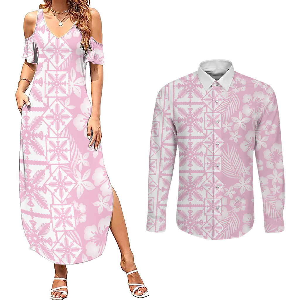 Pastel Pink Kahili Quilt Hawaii Couples Matching Summer Maxi Dress and Long Sleeve Button Shirt Tropical Flower Seamless Half Style