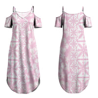 Pastel Pink Kahili Quilt Hawaii Couples Matching Summer Maxi Dress and Long Sleeve Button Shirt Tropical Flower Seamless Half Style LT14 - Polynesian Pride