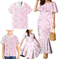 Pastel Pink Kahili Quilt Hawaii Family Matching Mermaid Dress and Hawaiian Shirt Tropical Flower Seamless Half Style