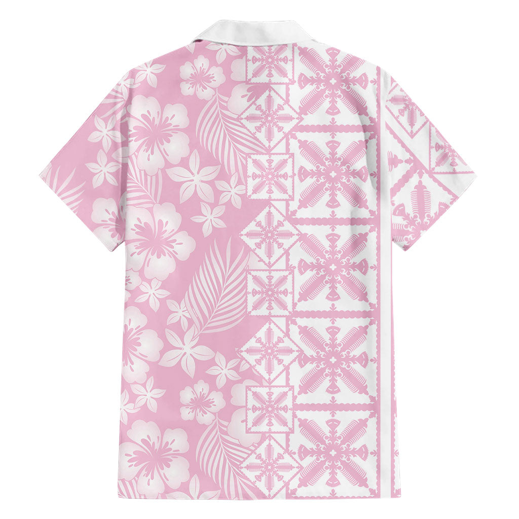 Pastel Pink Kahili Quilt Hawaii Family Matching Off The Shoulder Long Sleeve Dress and Hawaiian Shirt Tropical Flower Seamless Half Style