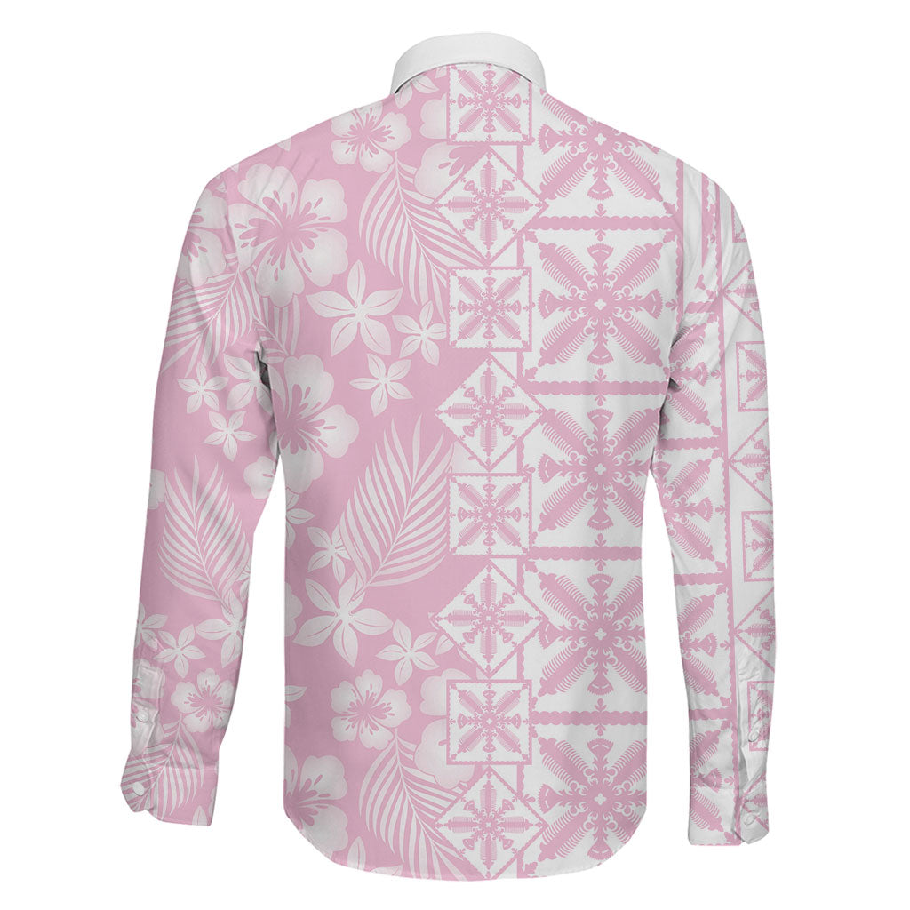 Pastel Pink Kahili Quilt Hawaii Family Matching Off The Shoulder Long Sleeve Dress and Hawaiian Shirt Tropical Flower Seamless Half Style