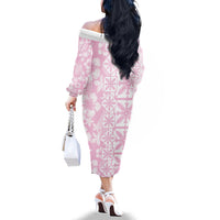 Pastel Pink Kahili Quilt Hawaii Family Matching Off The Shoulder Long Sleeve Dress and Hawaiian Shirt Tropical Flower Seamless Half Style