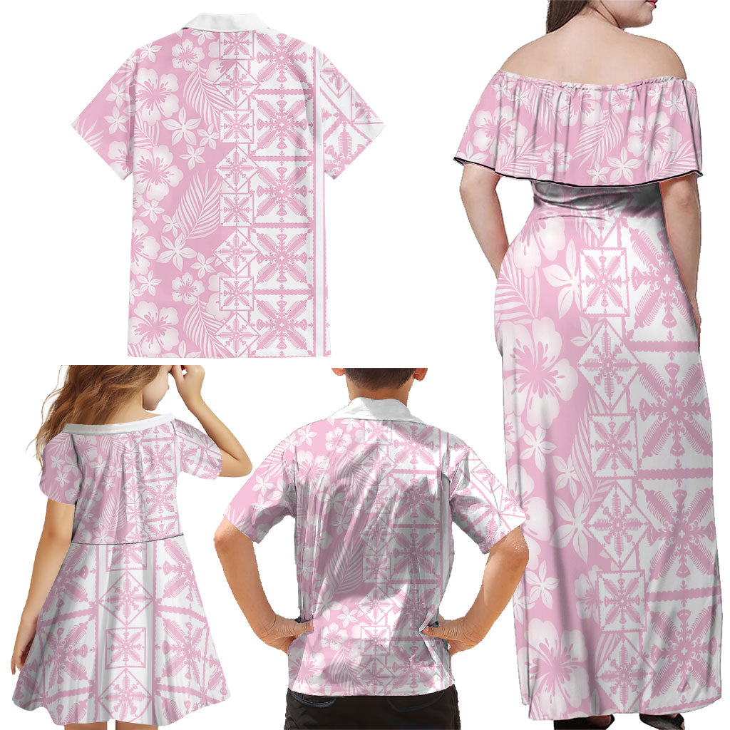 Pastel Pink Kahili Quilt Hawaii Family Matching Off Shoulder Maxi Dress and Hawaiian Shirt Tropical Flower Seamless Half Style
