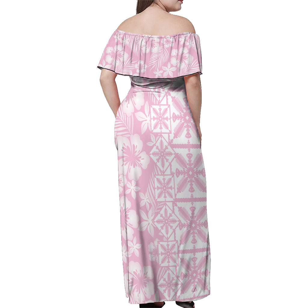 Pastel Pink Kahili Quilt Hawaii Family Matching Off Shoulder Maxi Dress and Hawaiian Shirt Tropical Flower Seamless Half Style