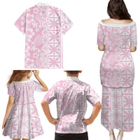 Pastel Pink Kahili Quilt Hawaii Family Matching Puletasi and Hawaiian Shirt Tropical Flower Seamless Half Style