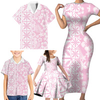 Pastel Pink Kahili Quilt Hawaii Family Matching Short Sleeve Bodycon Dress and Hawaiian Shirt Tropical Flower Seamless Half Style