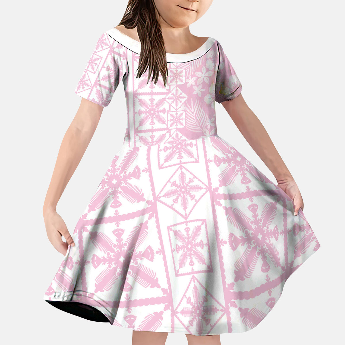 Pastel Pink Kahili Quilt Hawaii Kid Short Sleeve Dress Tropical Flower Seamless Half Style