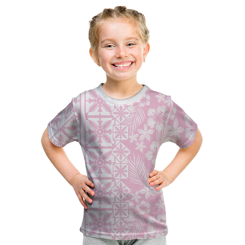 Pastel Pink Kahili Quilt Hawaii Kid T Shirt Tropical Flower Seamless Half Style LT14 Pink - Polynesian Pride