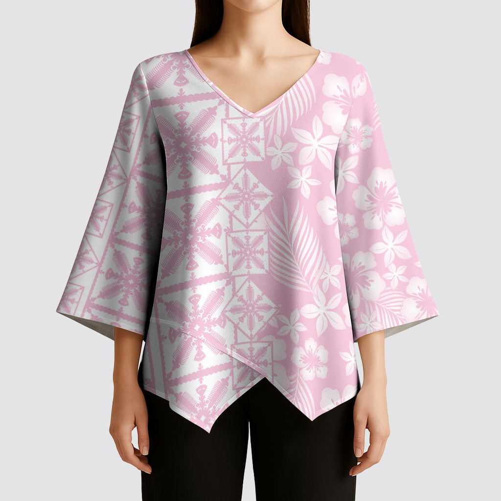 Pastel Pink Kahili Quilt Hawaii Kimono Sleeve Blouse Tropical Flower Seamless Half Style