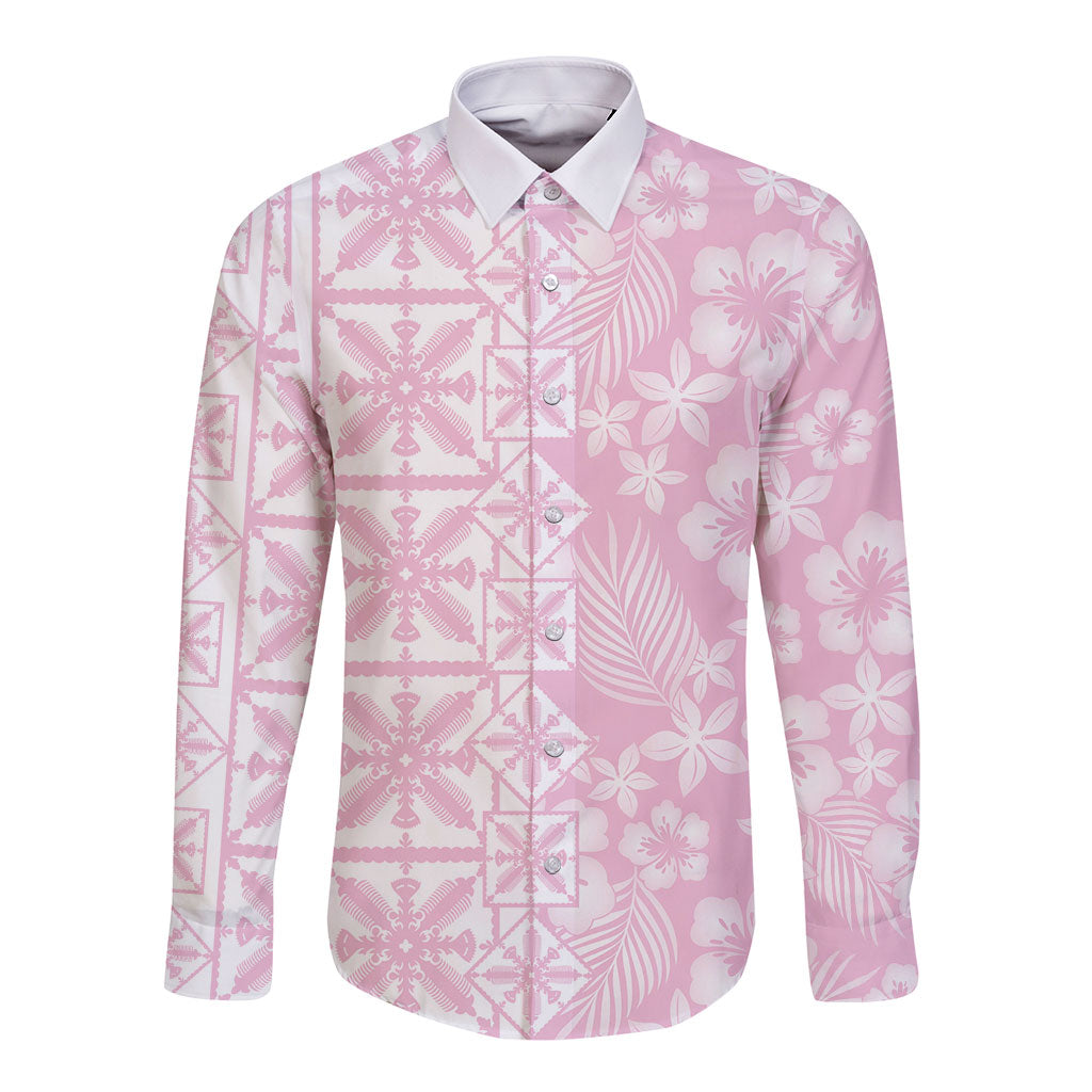 Pastel Pink Kahili Quilt Hawaii Long Sleeve Button Shirt Tropical Flower Seamless Half Style