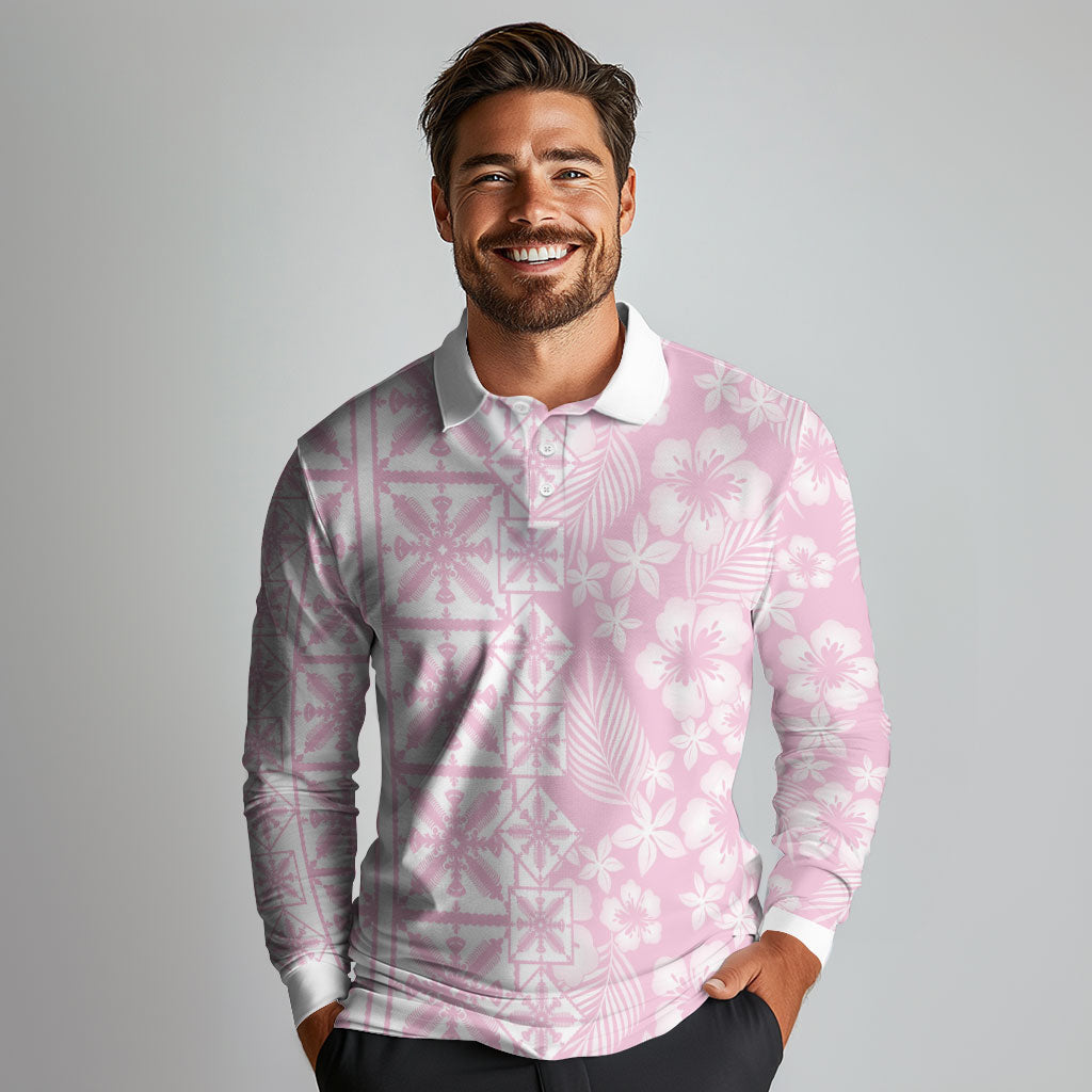 Pastel Pink Kahili Quilt Hawaii Long Sleeve Polo Shirt Tropical Flower Seamless Half Style