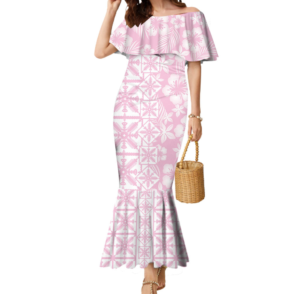 Pastel Pink Kahili Quilt Hawaii Mermaid Dress Tropical Flower Seamless Half Style LT14 Women Pink - Polynesian Pride
