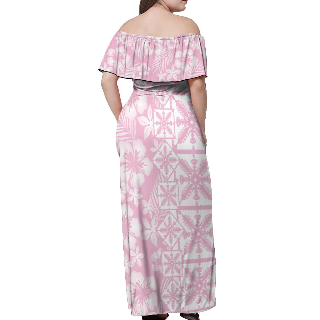 Pastel Pink Kahili Quilt Hawaii Off Shoulder Maxi Dress Tropical Flower Seamless Half Style