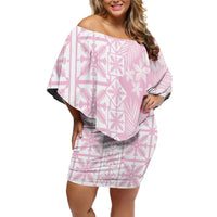 Pastel Pink Kahili Quilt Hawaii Off Shoulder Short Dress Tropical Flower Seamless Half Style