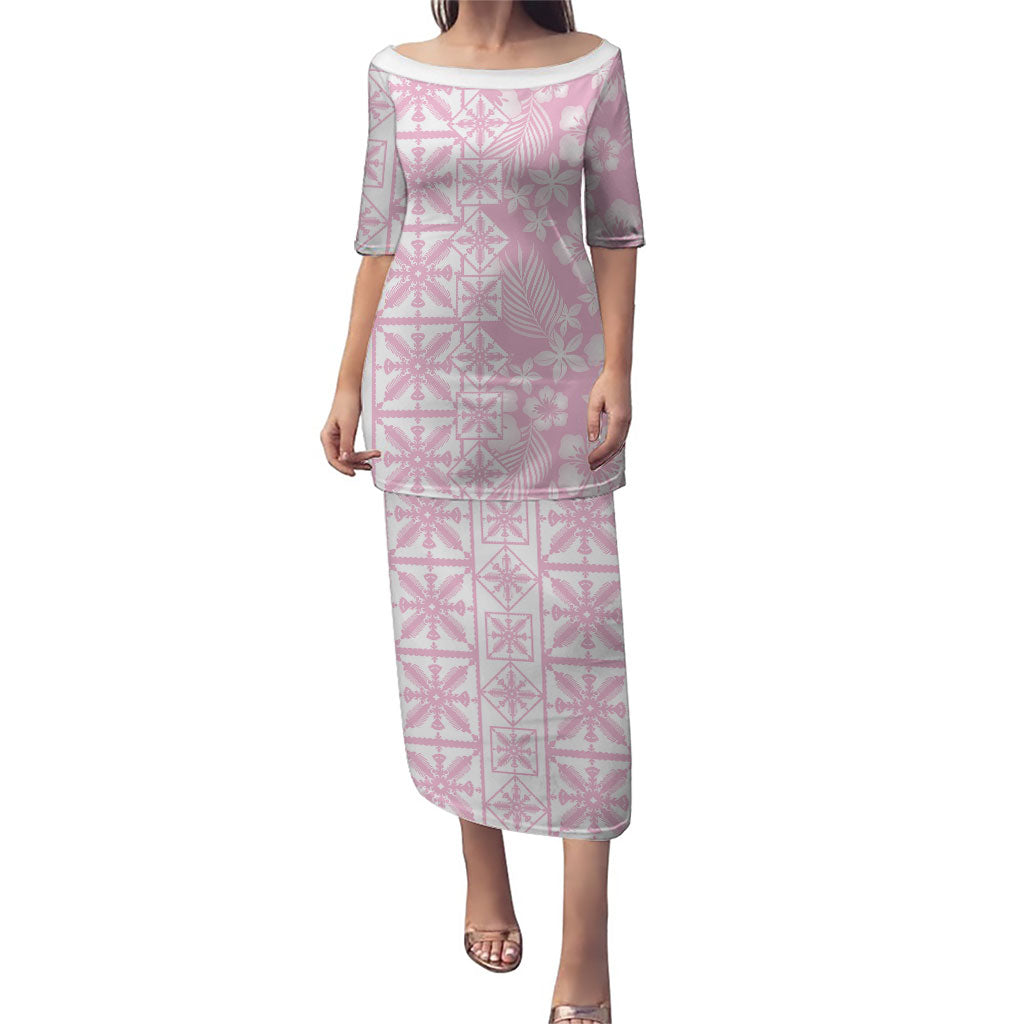 Pastel Pink Kahili Quilt Hawaii Puletasi Tropical Flower Seamless Half Style