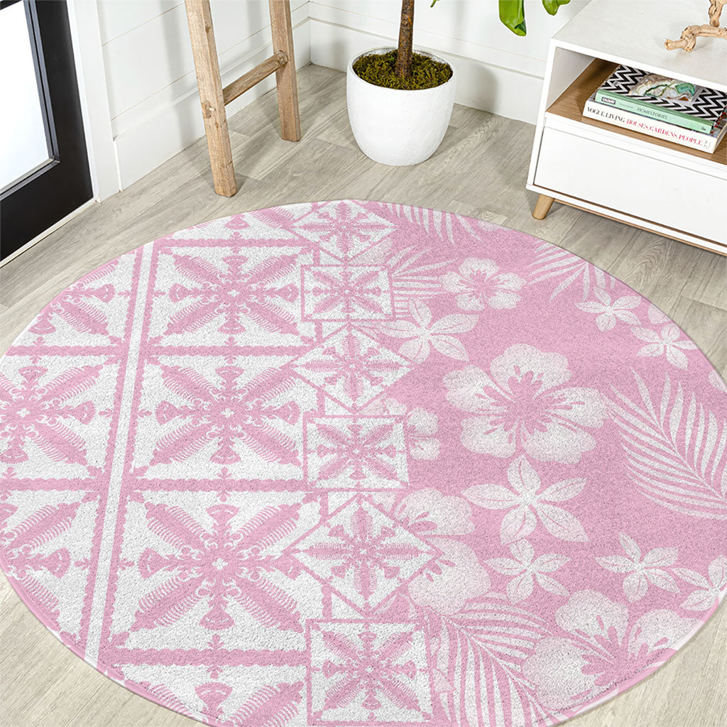 Pastel Pink Kahili Quilt Hawaii Round Carpet Tropical Flower Seamless Half Style