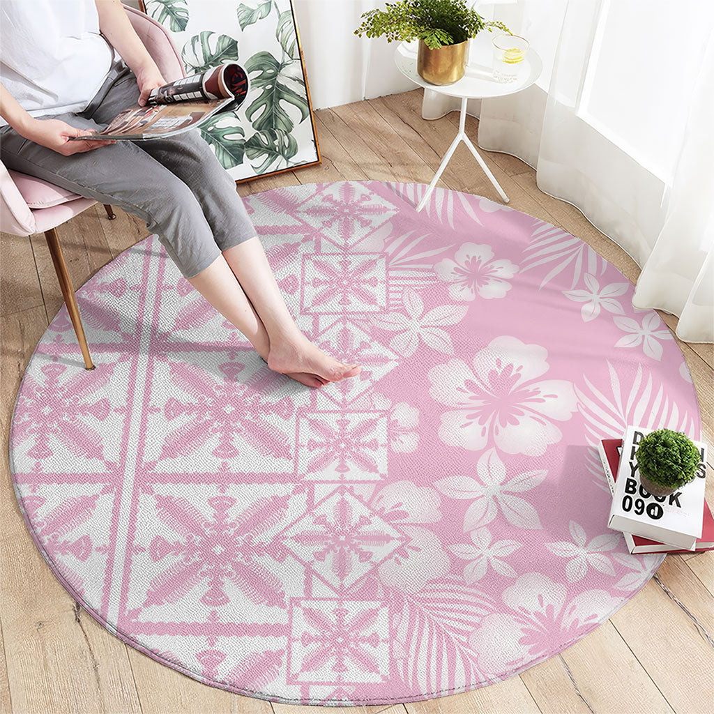 Pastel Pink Kahili Quilt Hawaii Round Carpet Tropical Flower Seamless Half Style