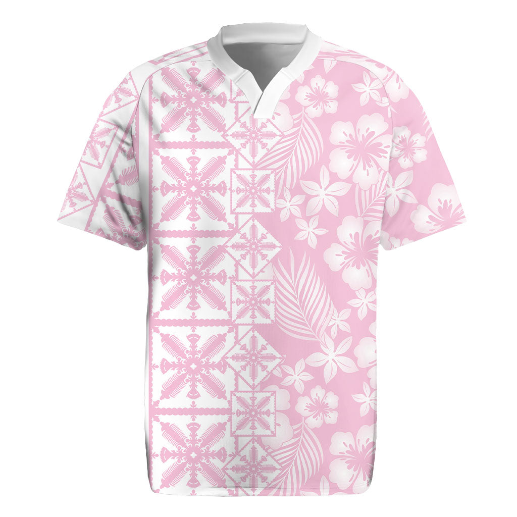 Pastel Pink Kahili Quilt Hawaii Rugby Jersey Tropical Flower Seamless Half Style