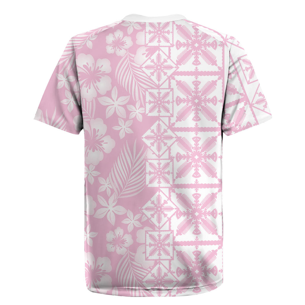 Pastel Pink Kahili Quilt Hawaii Rugby Jersey Tropical Flower Seamless Half Style