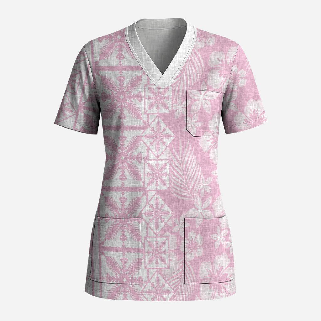 Pastel Pink Kahili Quilt Hawaii Scrub Top Tropical Flower Seamless Half Style