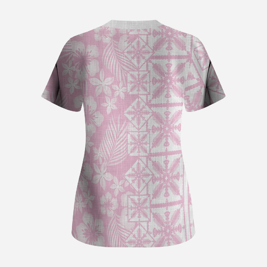 Pastel Pink Kahili Quilt Hawaii Scrub Top Tropical Flower Seamless Half Style