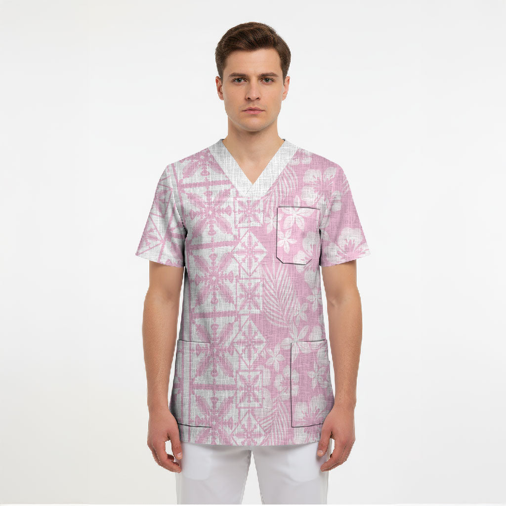 Pastel Pink Kahili Quilt Hawaii Scrub Top Tropical Flower Seamless Half Style