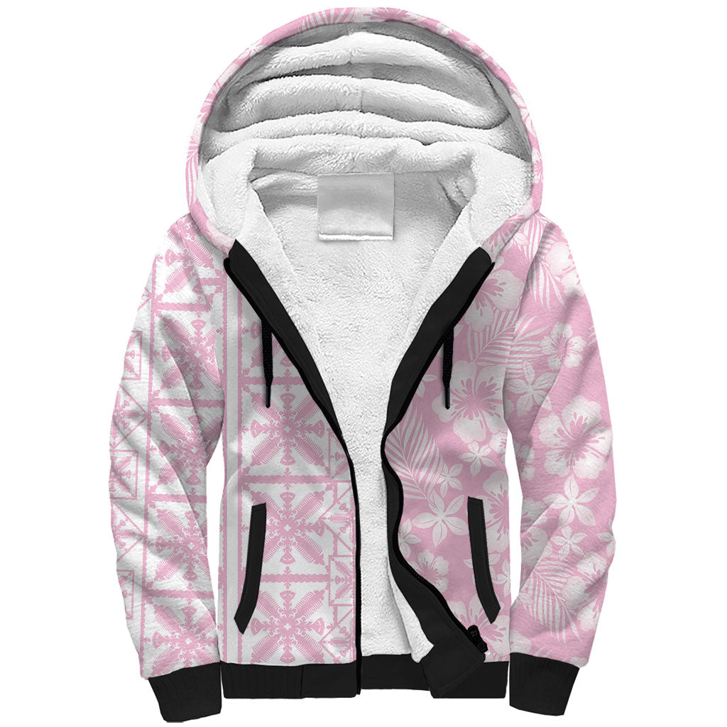 Pastel Pink Kahili Quilt Hawaii Sherpa Hoodie Tropical Flower Seamless Half Style LT14 Unisex Pink - Polynesian Pride