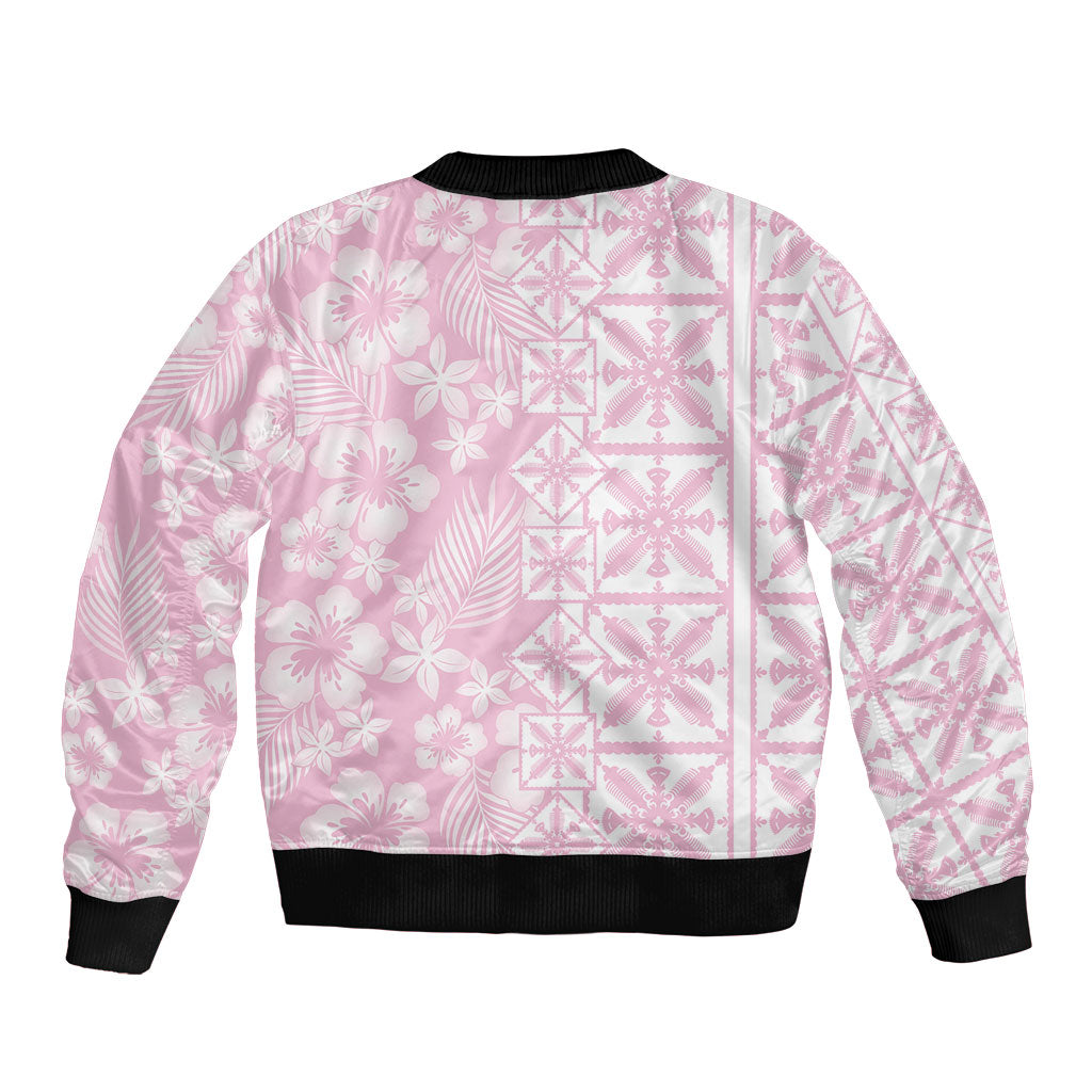 Pastel Pink Kahili Quilt Hawaii Sleeve Zip Bomber Jacket Tropical Flower Seamless Half Style