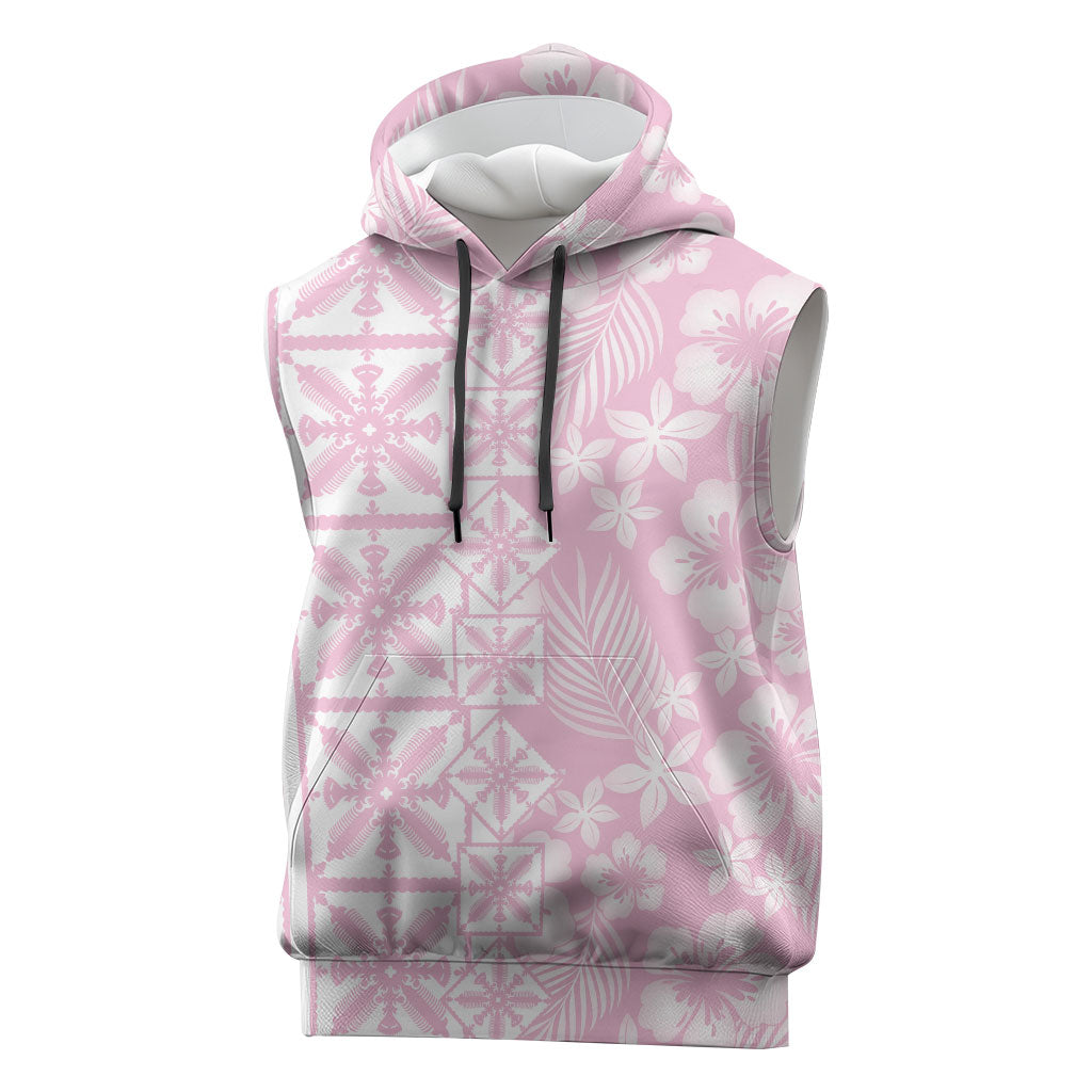 Pastel Pink Kahili Quilt Hawaii Sleeveless Hoodie Tropical Flower Seamless Half Style LT14 Pink - Polynesian Pride