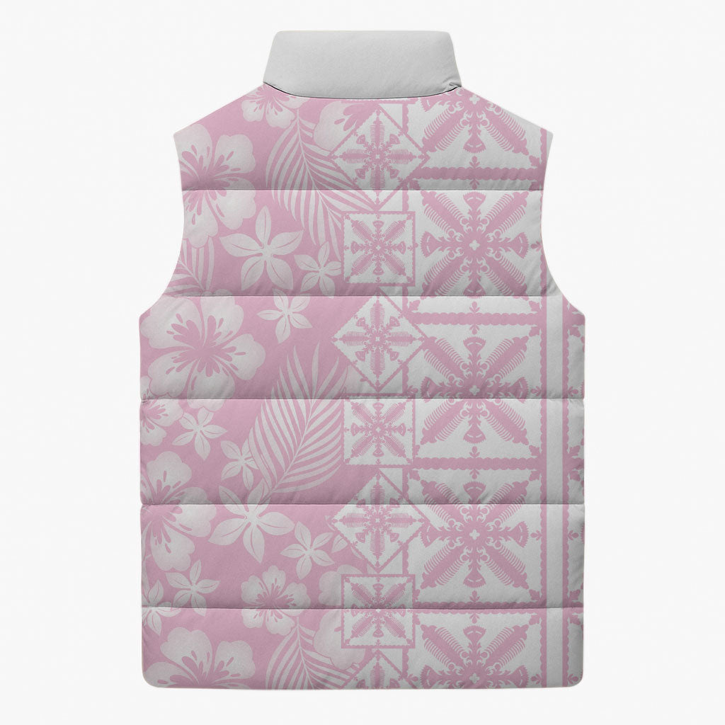Pastel Pink Kahili Quilt Hawaii Sleeveless Puffer Jacket Tropical Flower Seamless Half Style