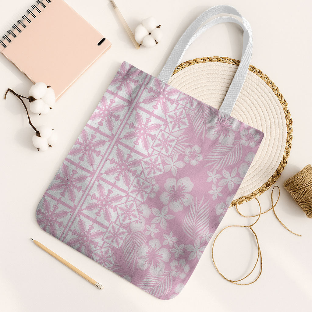 Pastel Pink Kahili Quilt Hawaii Tote Bag Tropical Flower Seamless Half Style