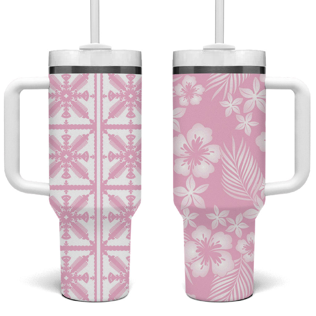 Pastel Pink Kahili Quilt Hawaii Tumbler With Handle Tropical Flower Seamless Half Style