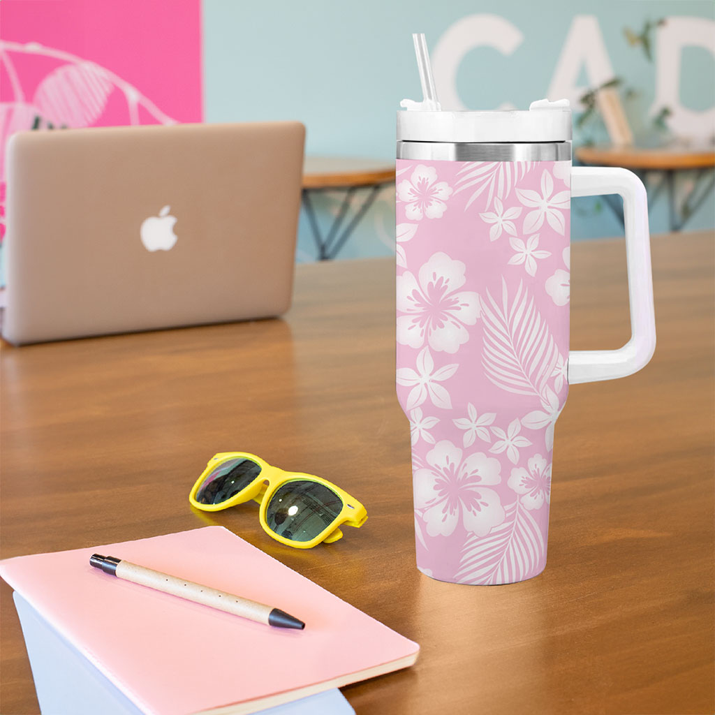 Pastel Pink Kahili Quilt Hawaii Tumbler With Handle Tropical Flower Seamless Half Style