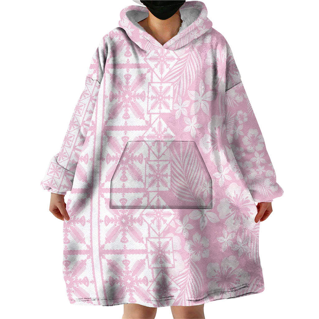 Pastel Pink Kahili Quilt Hawaii Wearable Blanket Hoodie Tropical Flower Seamless Half Style