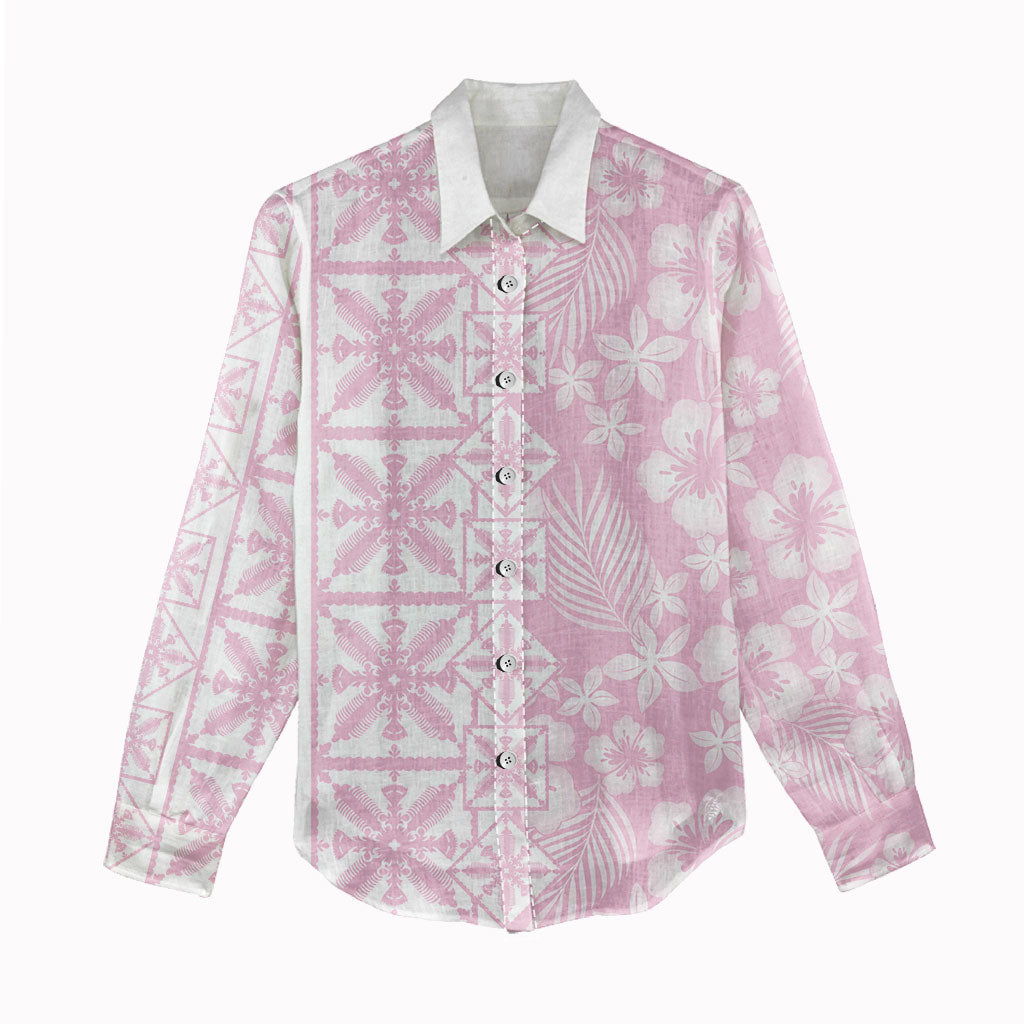 Pastel Pink Kahili Quilt Hawaii Women Casual Shirt Tropical Flower Seamless Half Style