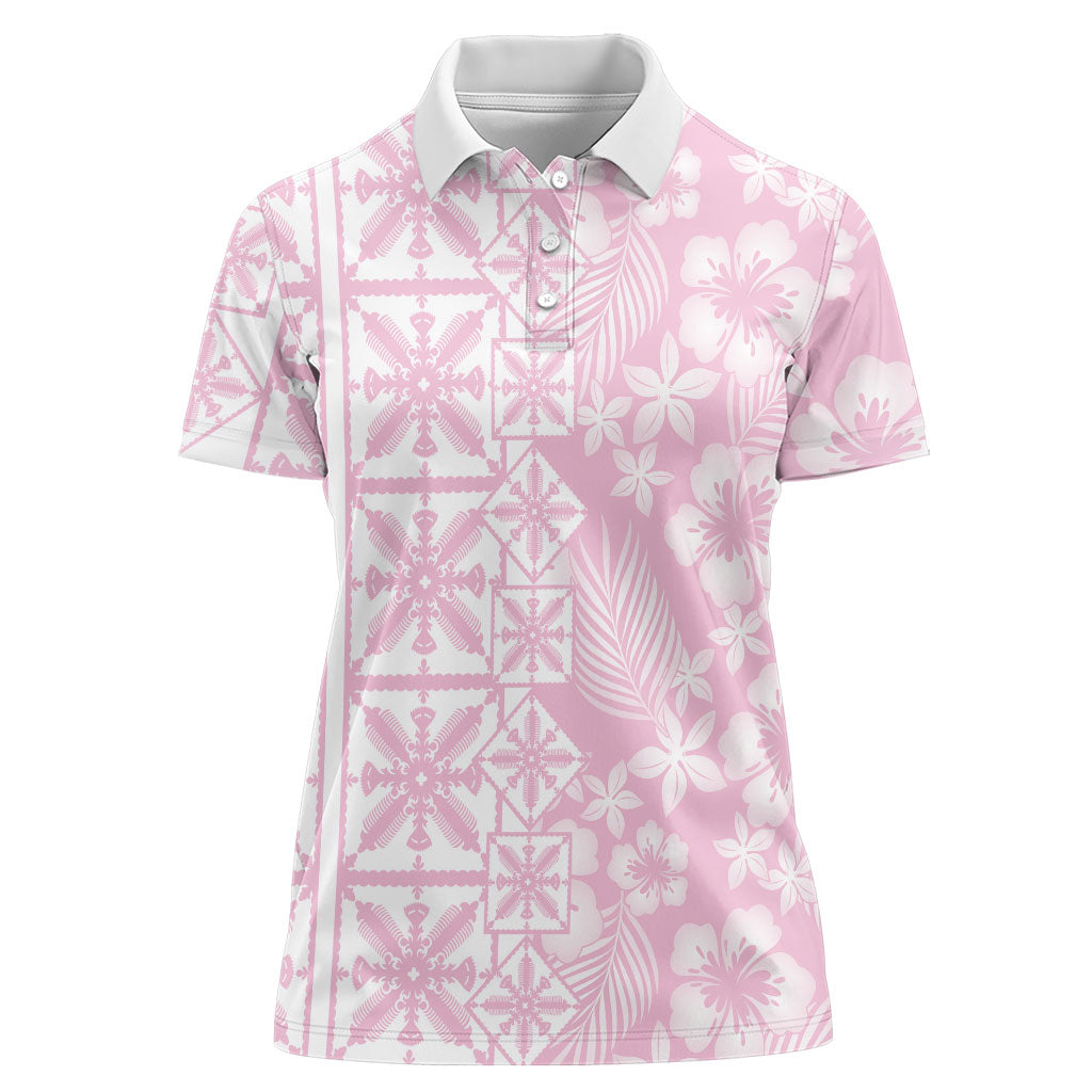 Pastel Pink Kahili Quilt Hawaii Women Polo Shirt Tropical Flower Seamless Half Style LT14 Female Pink - Polynesian Pride