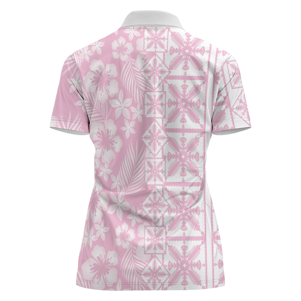 Pastel Pink Kahili Quilt Hawaii Women Polo Shirt Tropical Flower Seamless Half Style