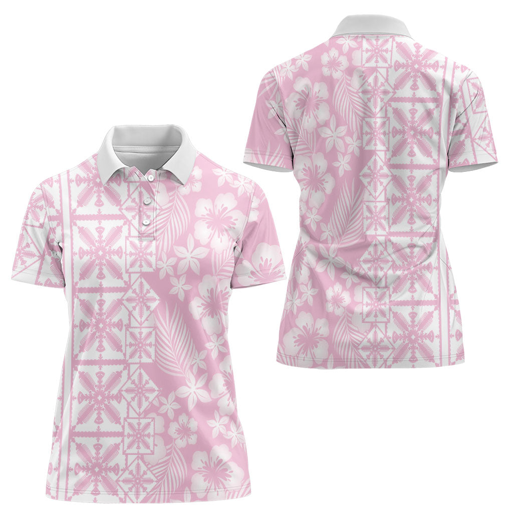Pastel Pink Kahili Quilt Hawaii Women Polo Shirt Tropical Flower Seamless Half Style