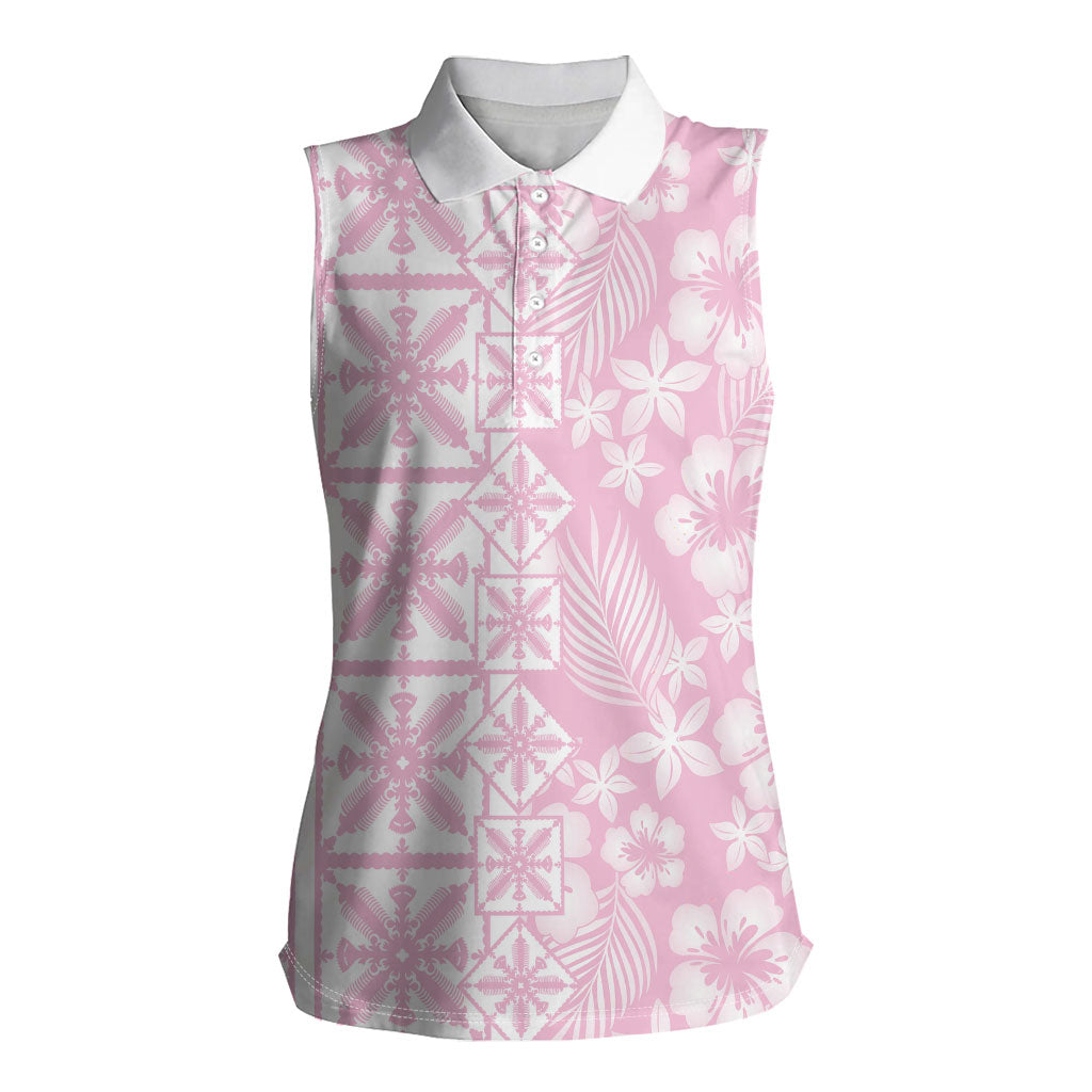 Pastel Pink Kahili Quilt Hawaii Women Sleeveless Polo Shirt Tropical Flower Seamless Half Style