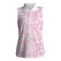 Pastel Pink Kahili Quilt Hawaii Women Sleeveless Polo Shirt Tropical Flower Seamless Half Style