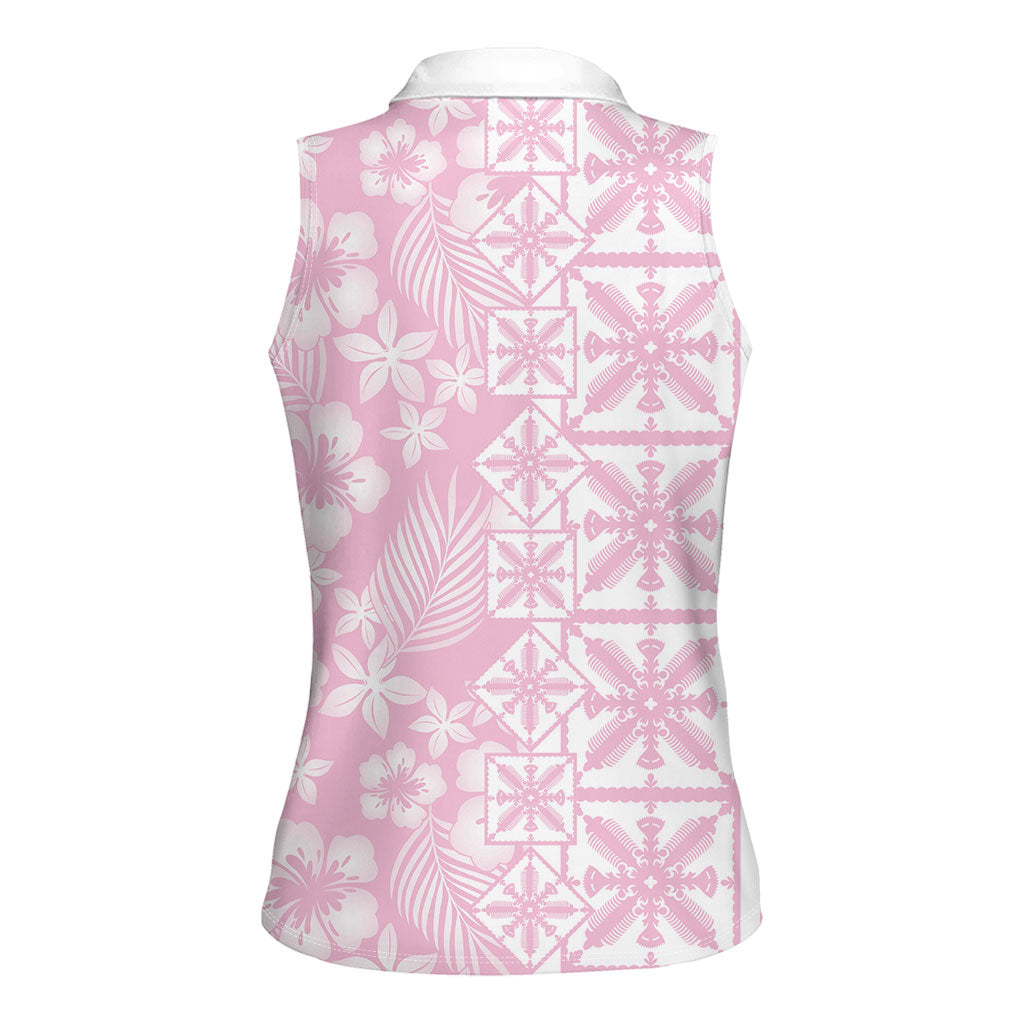 Pastel Pink Kahili Quilt Hawaii Women Sleeveless Polo Shirt Tropical Flower Seamless Half Style