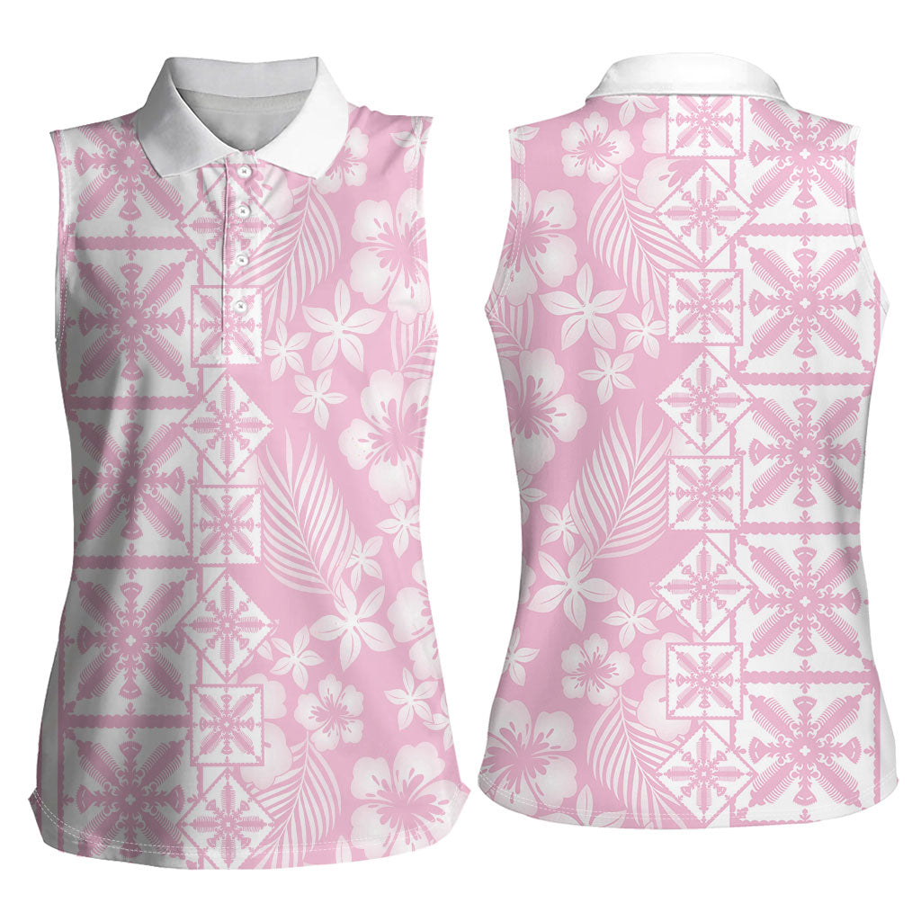 Pastel Pink Kahili Quilt Hawaii Women Sleeveless Polo Shirt Tropical Flower Seamless Half Style