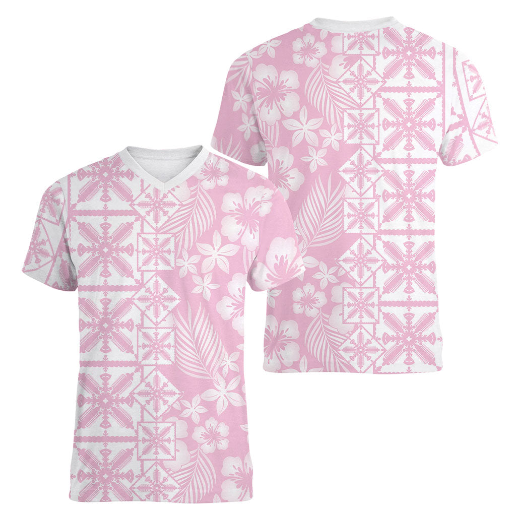 Pastel Pink Kahili Quilt Hawaii Women V-Neck T-Shirt Tropical Flower Seamless Half Style