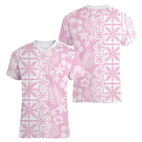 Pastel Pink Kahili Quilt Hawaii Women V-Neck T-Shirt Tropical Flower Seamless Half Style