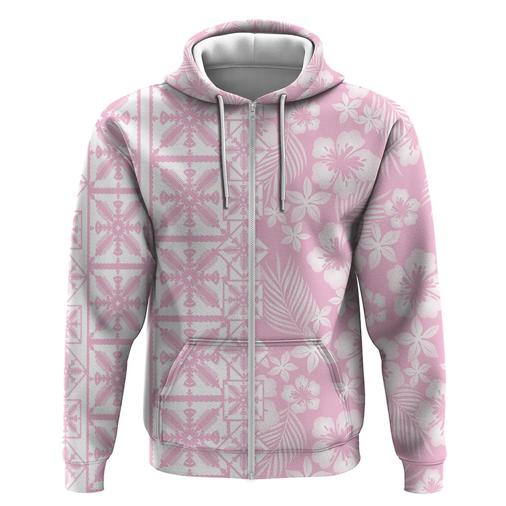 Pastel Pink Kahili Quilt Hawaii Zip Hoodie Tropical Flower Seamless Half Style LT14 Zip Hoodie Pink - Polynesian Pride