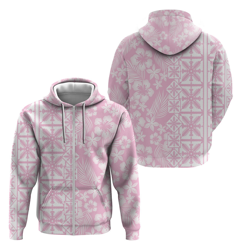 Pastel Pink Kahili Quilt Hawaii Zip Hoodie Tropical Flower Seamless Half Style